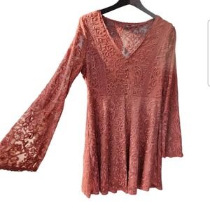 Floral Lace Bell Sleeve Mini Dress Dusty Rose Mauve Skater Coquette Style CHANCE